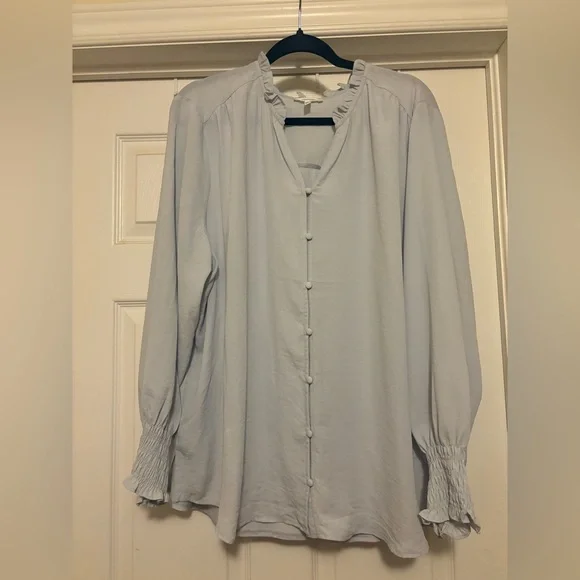 Maurices Pale Blue Ruffle-Neck Button-Front Blouse - Picture 1 of 5